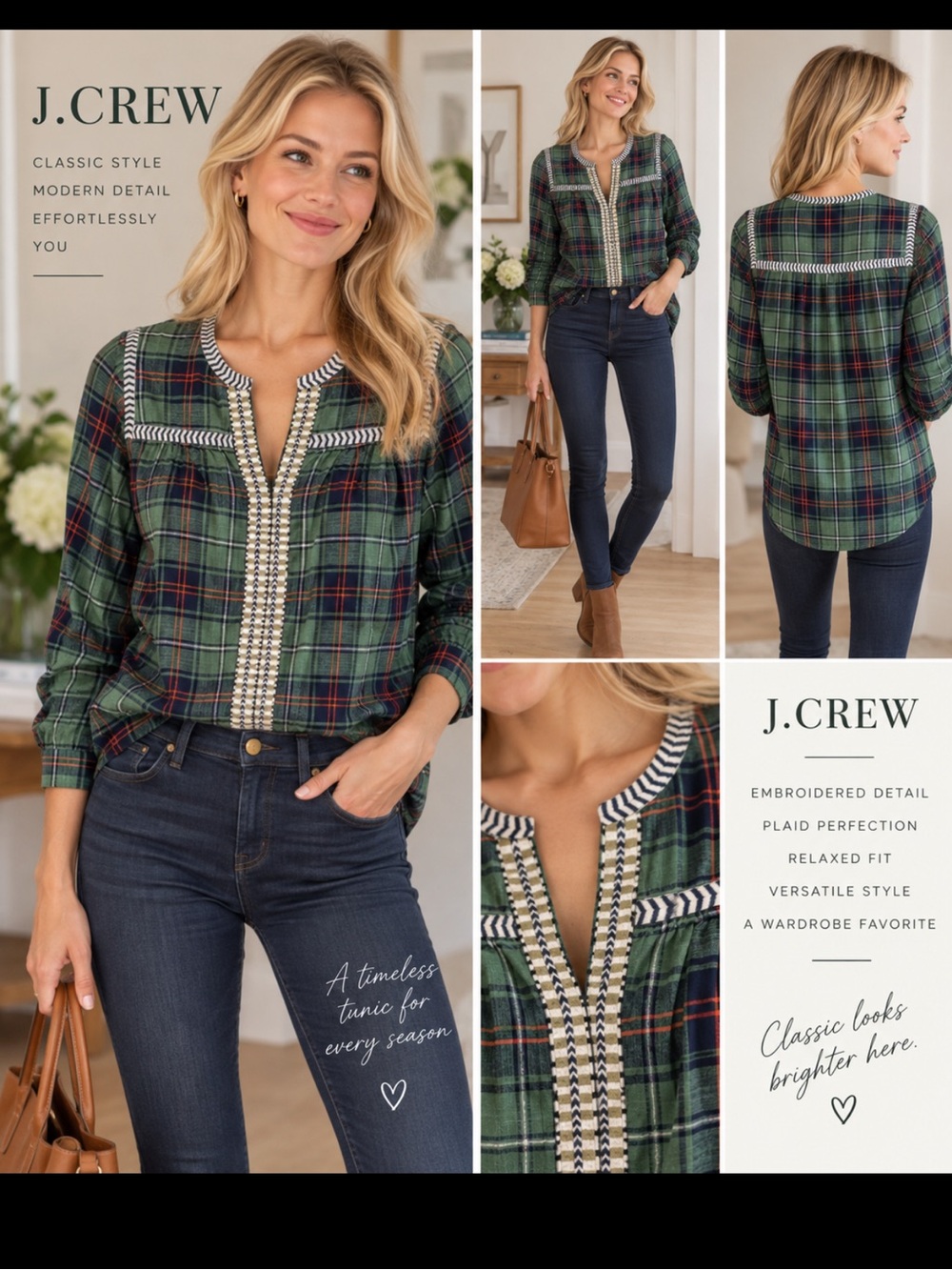 J. Crew Plaid Embroidered Tunic Blouse green blue rust trim . 0